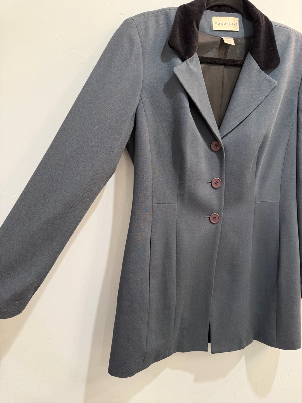 Vintage 90s Paradox Wool Longline Blazer Jacket Velvet Collar Slate Blue Size 8 - Picture 6 of 12